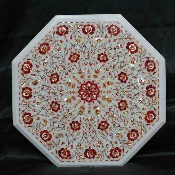 Marble inlay Coffee Table Top with Antique Marble Inlay Handcrafted Indian Stone Artwork Decorative Home Furniture