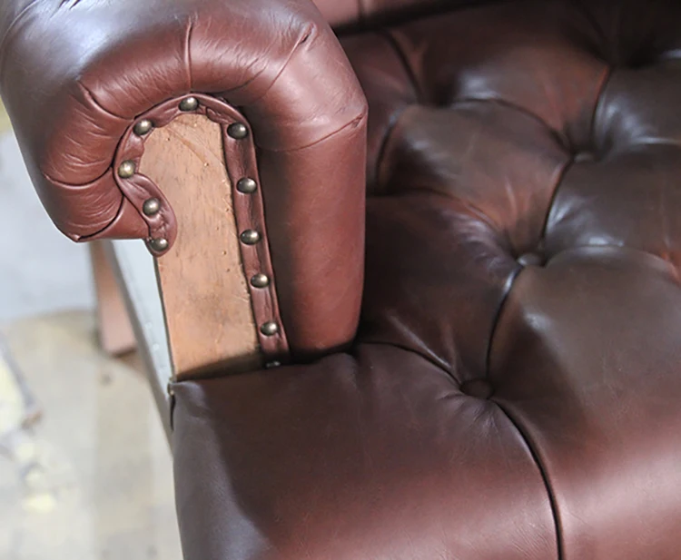 Rustic Tufted Rolled Arm Faux Leather Deconstructed Chesterfield Sofa Set Furniture