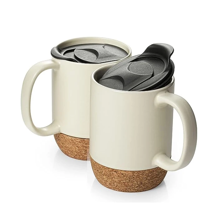 15 oz mug set large ceramic coffee mug with cork bottom and spill proof lid