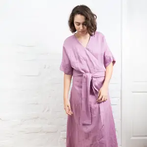 Elegant Long Linen Casual Midi Dress Women Eco-Friendly V-neck Half Sleeve Wrap Belt Natural Waistline Breathable High Quality