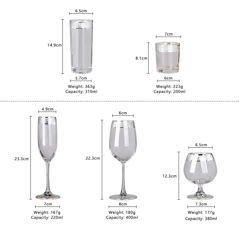 Silver Trim Platinum Rim Lead Free Crystal Champagne Flute Brandy Snifter Collins Old Fashioned Wine Glass Goblets Set