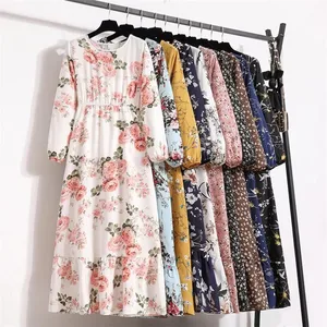 Women's Spring Summer Maxi Casual Dresses Floral Printed Long Sleeve O-Neck Boho Beach Party Long Dress Mujer Vestidos
