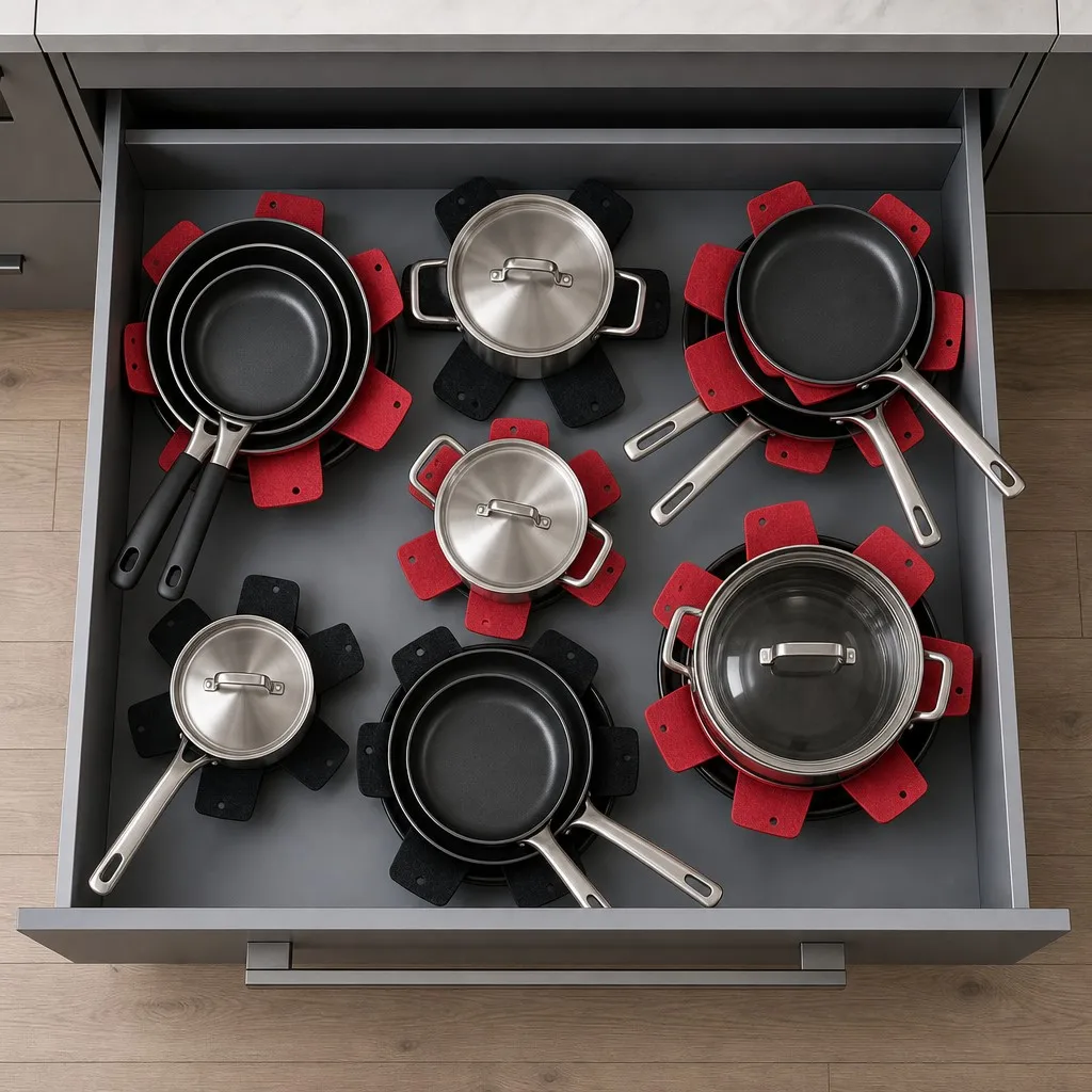 Kitchen drawer storage with pots and pans separated by red and black felt cookware divider pads