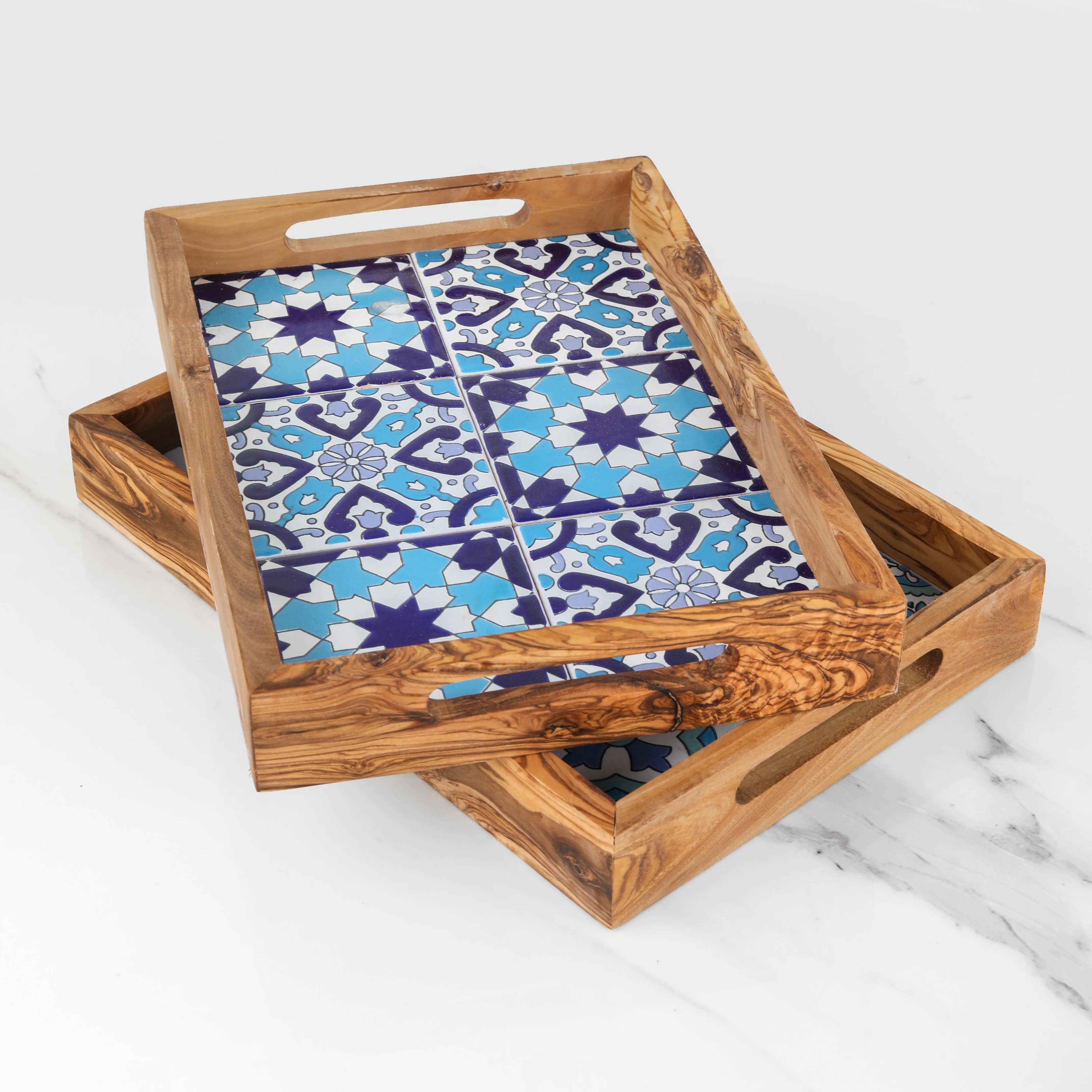 Trendy Rectangular Serving Tray Customizable Ceramic & Olivewood Ottoman Tray for Chic Coffee Table