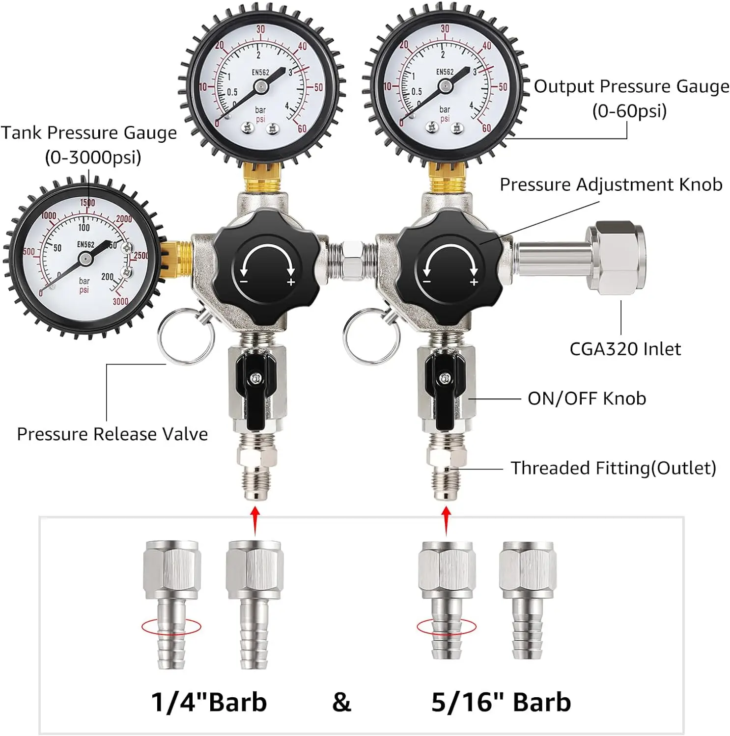 Cga320 Keg Co2 Tank Pressure Beer Kegerator Regulator With 1/4'' & 5/16