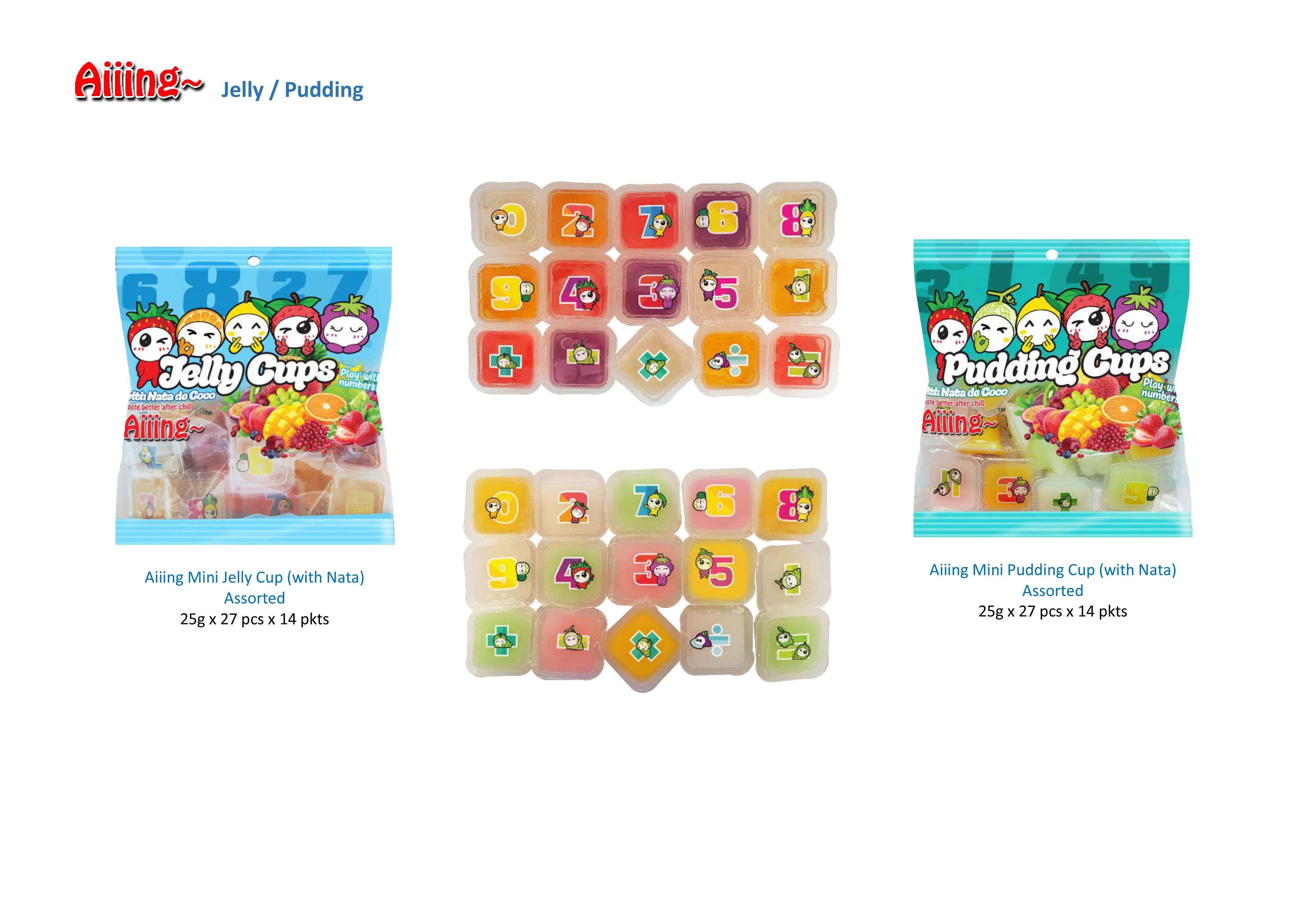Aiiing Fruit Mini Jelly Cup with Nata De Coco Grapes Mango Lychee Strawberry Assorted Flavor Packet 25g X 27 Pcs X 14 Pkts