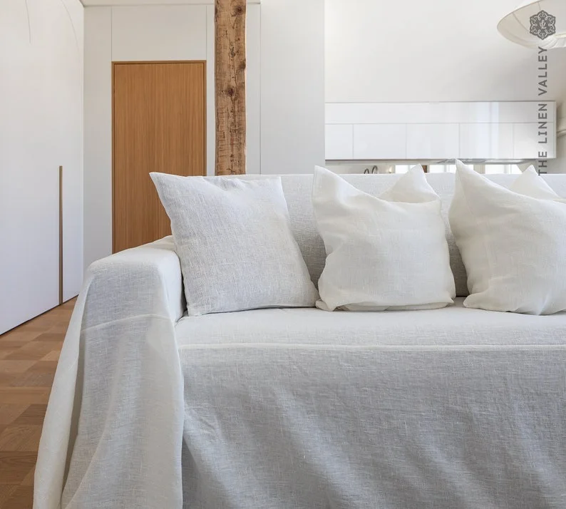 Rustic Boho Chic Natural Linen Sofa Slipcover Chic Bohemian Coverlet for Bedroom with Washable Linen Chic Bohemian Look