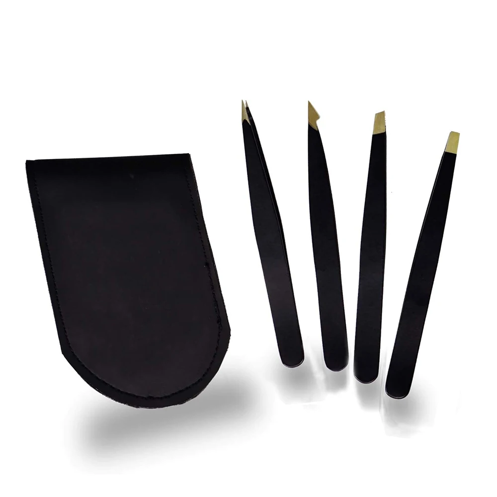 Eyebrow Tweezers Set Black Color With Leather Pouch Hair Plucker Beauty