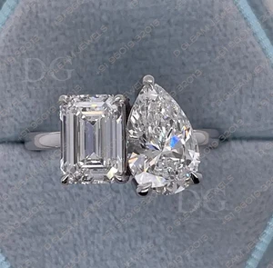4 Carat E VVS2 Toi et Moi Emerald and Pear Cut Engagement Ring  Diamond Engagement Ring  14k Gold Two Stone Solitaire Ring