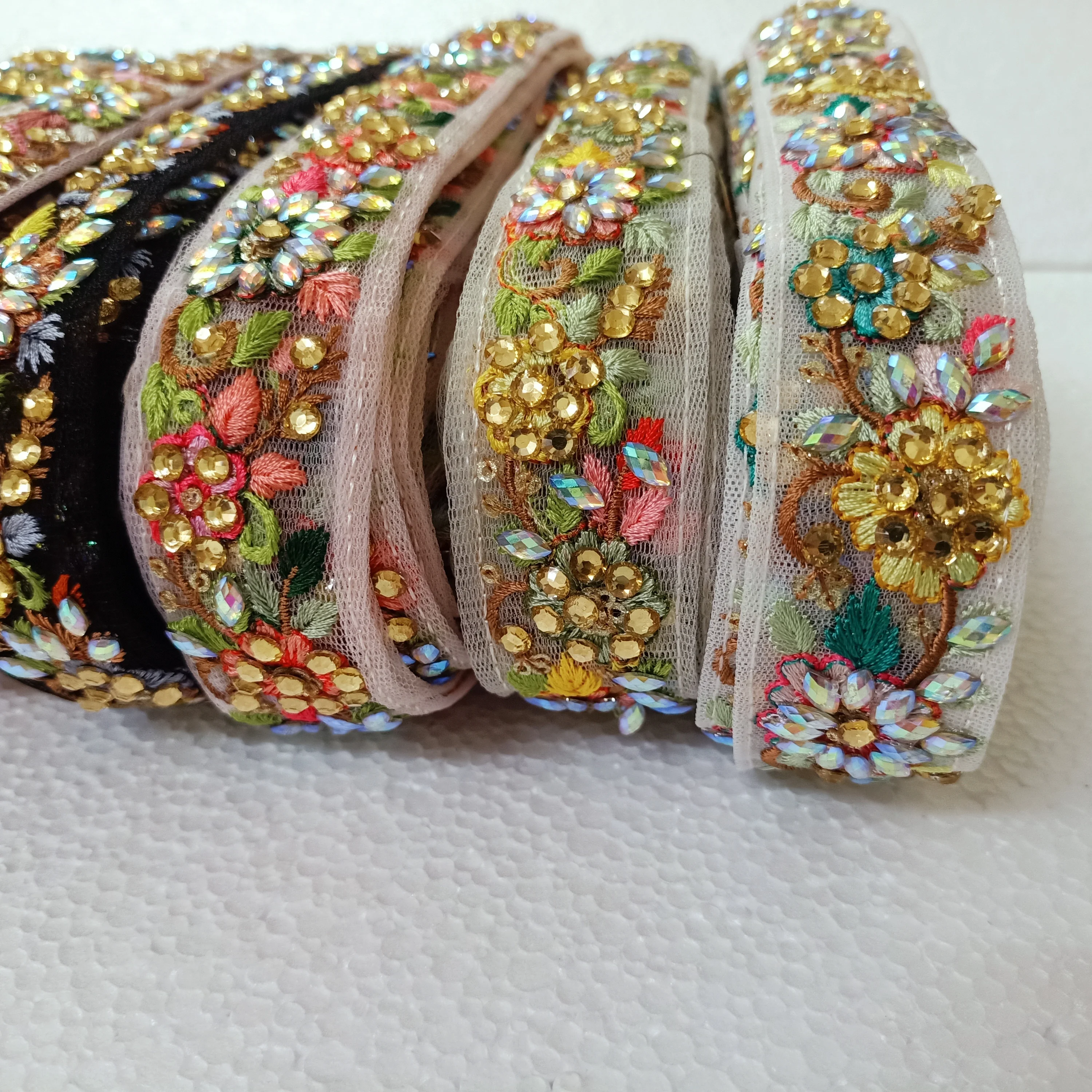 Custom Made Floral Embroidered Laces with Stone Work Ideal for Dress Designers and Clothing Designers with Mirror Work
