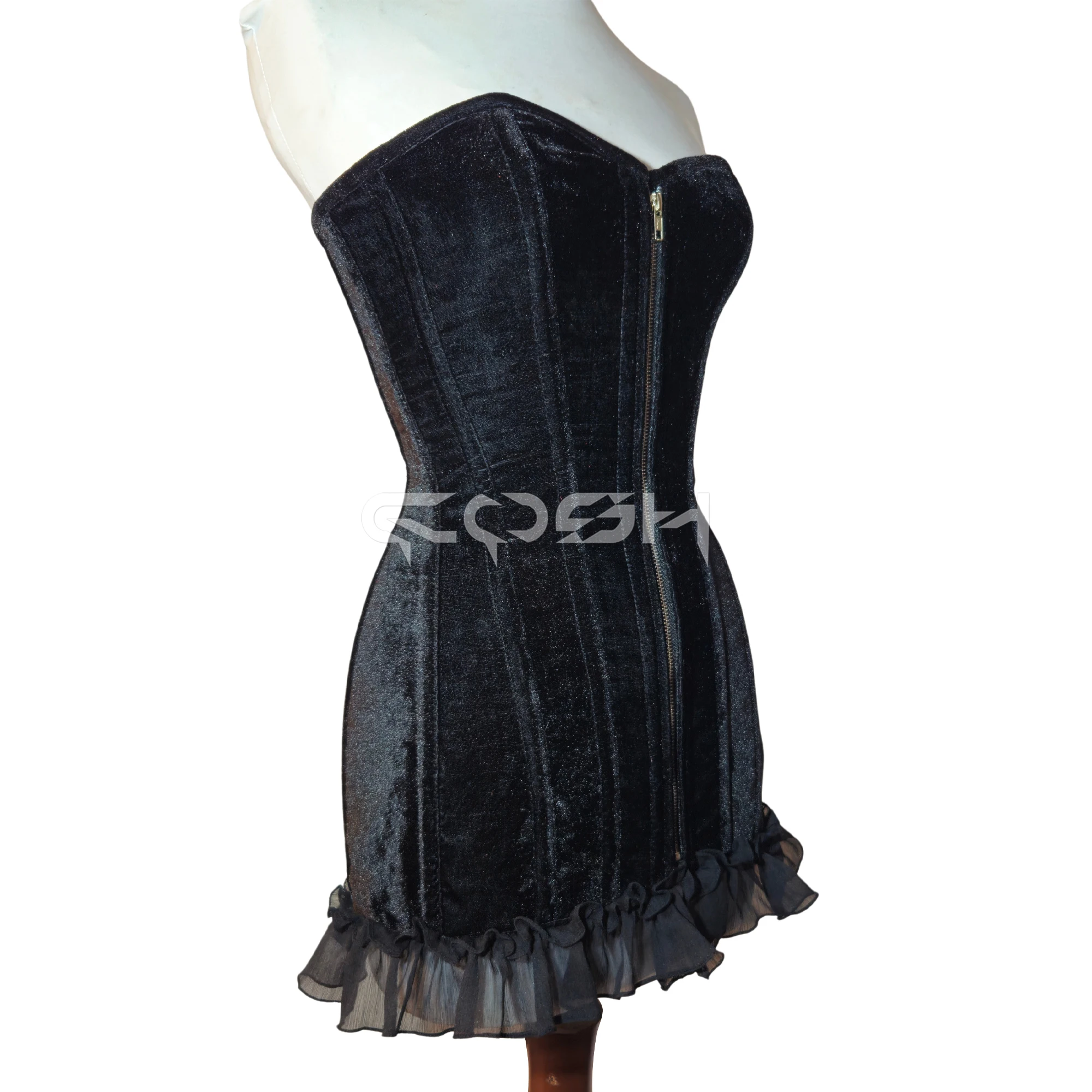 Overbust Steelboned Black Velvet Corset Dress With Front Zipper And Bottom  Frill | Buy Now