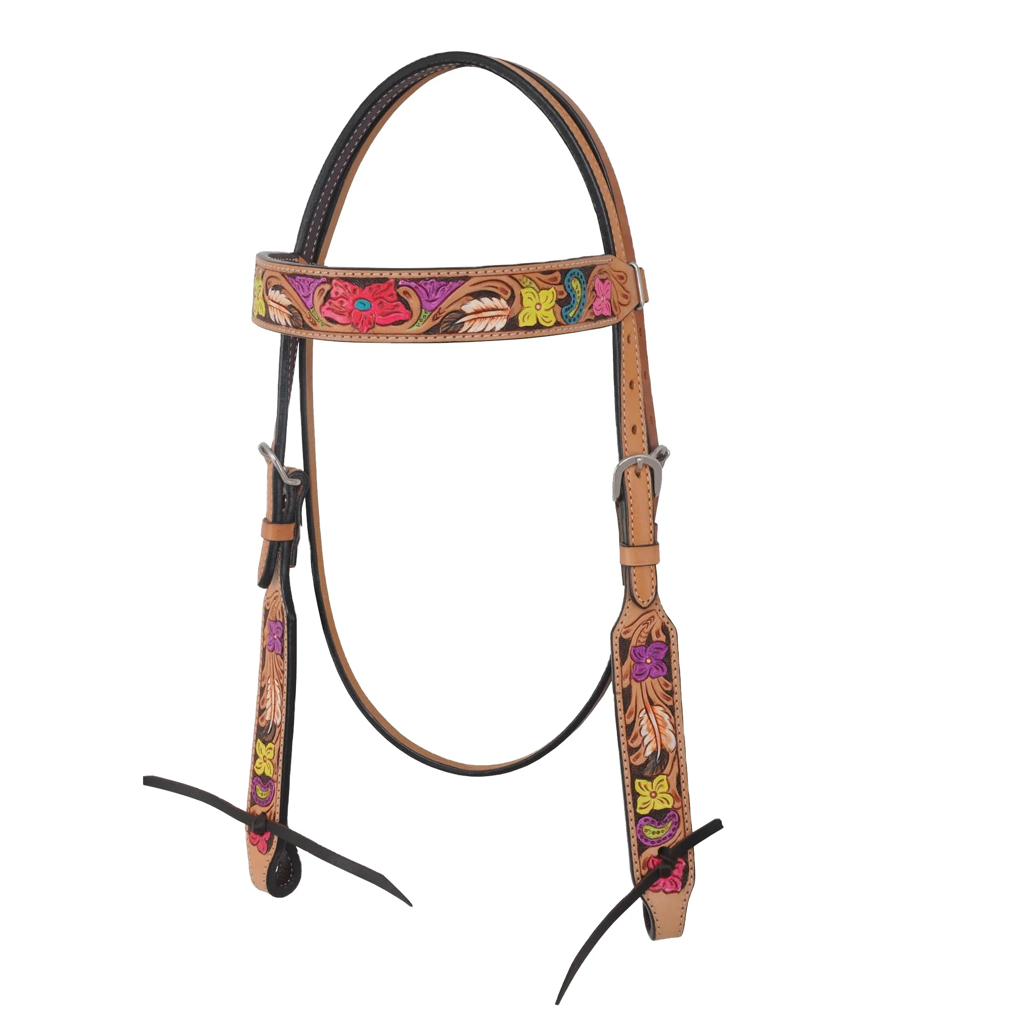 Colorful Floral Hand Tooled Western Cowhide Leather Headstall/ Western Bridle Design By Indian