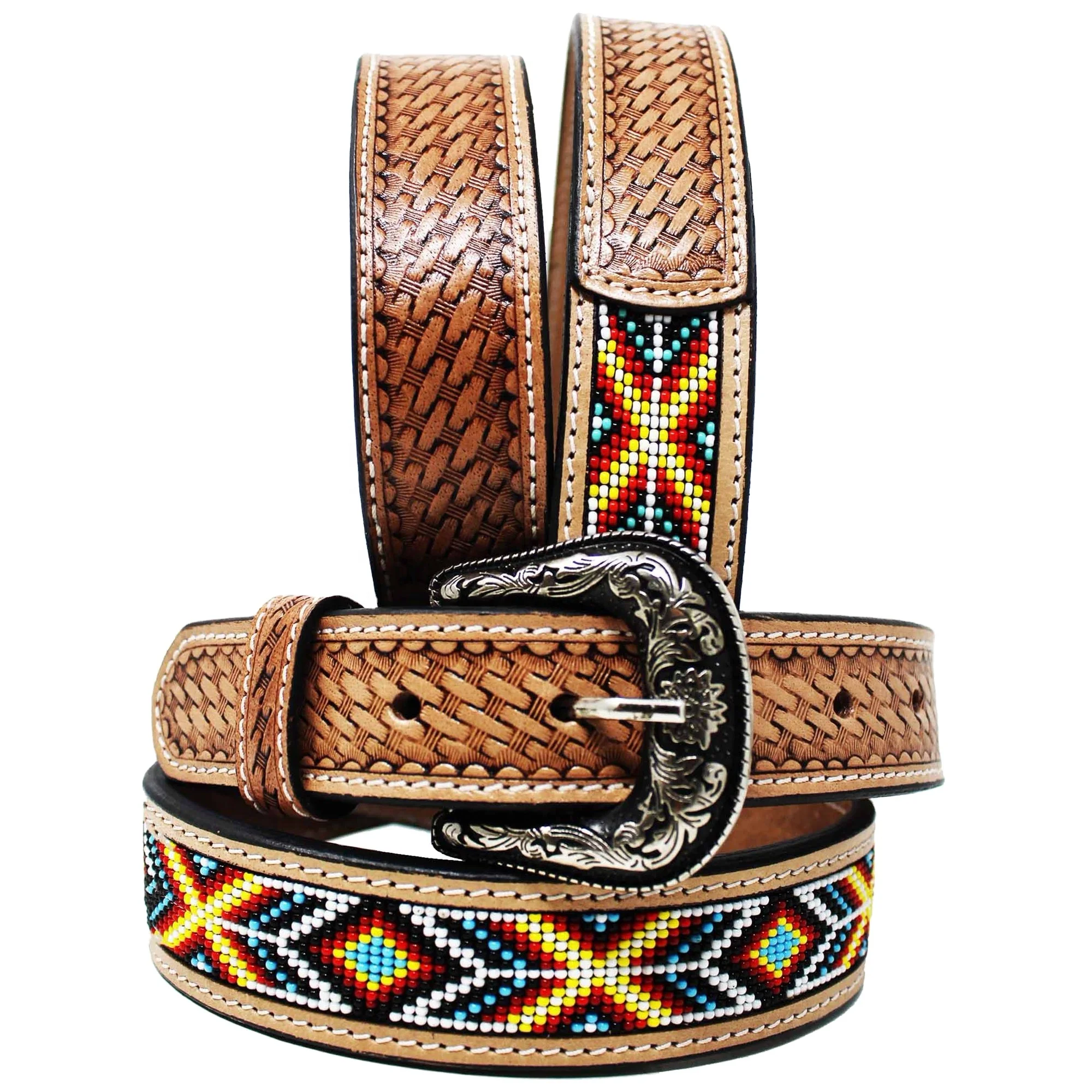 Genuine Cowhide Leather Western Aztec Beaded Belt With Floral Hand ...