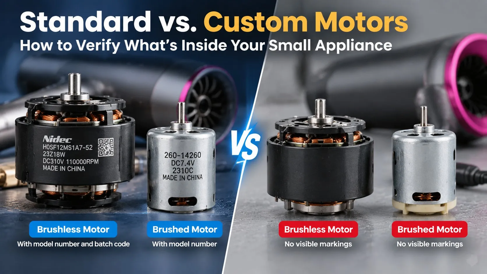 Standard vs. Custom Motors comparison infographic showing marked brushless/brushed motors versus unmarked motors in small appliances.