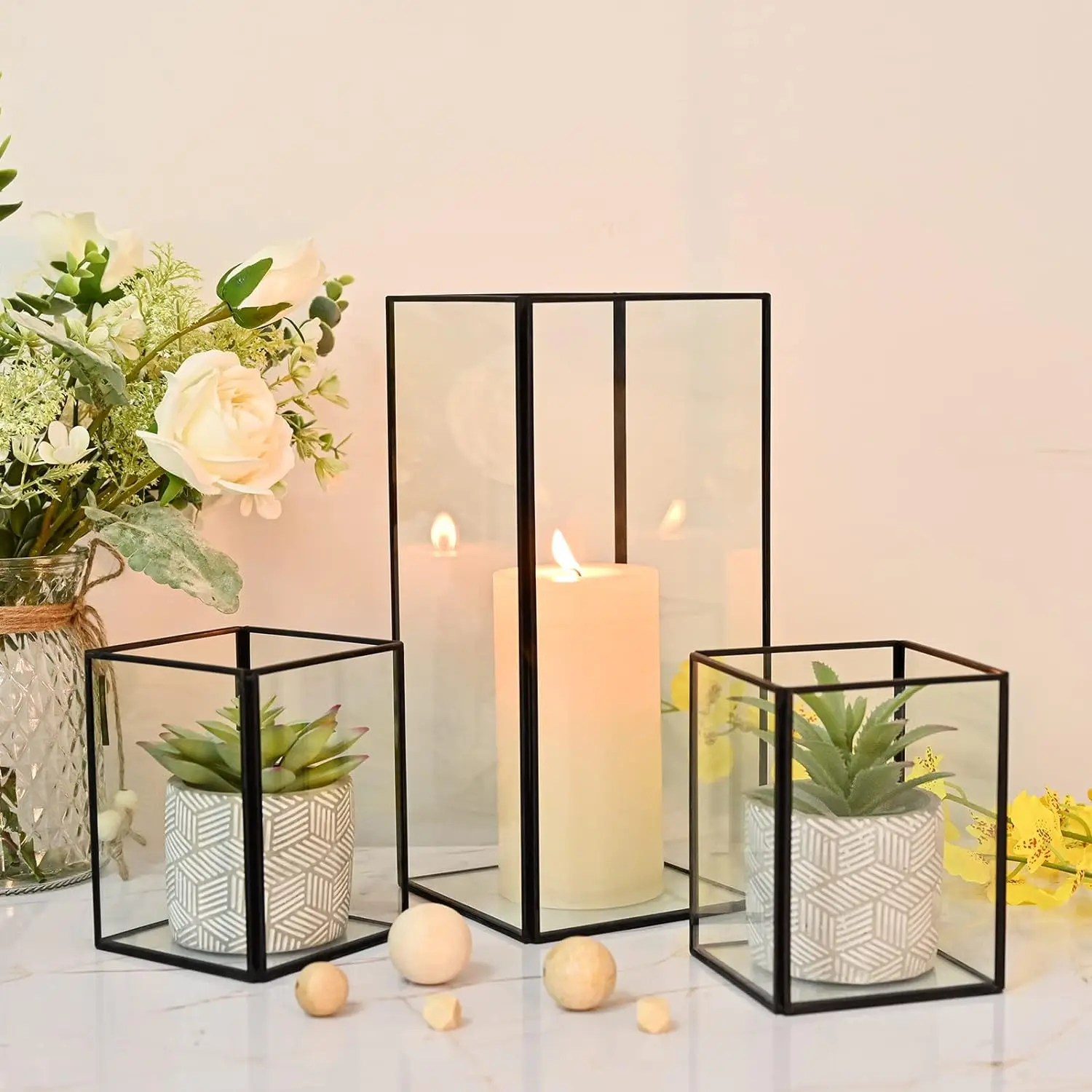 Modern Square Hurricanes Candle Holders Set 3 Pieces Transparent Glass Metal Black Border Eco-Friendly Easter Handmade Home