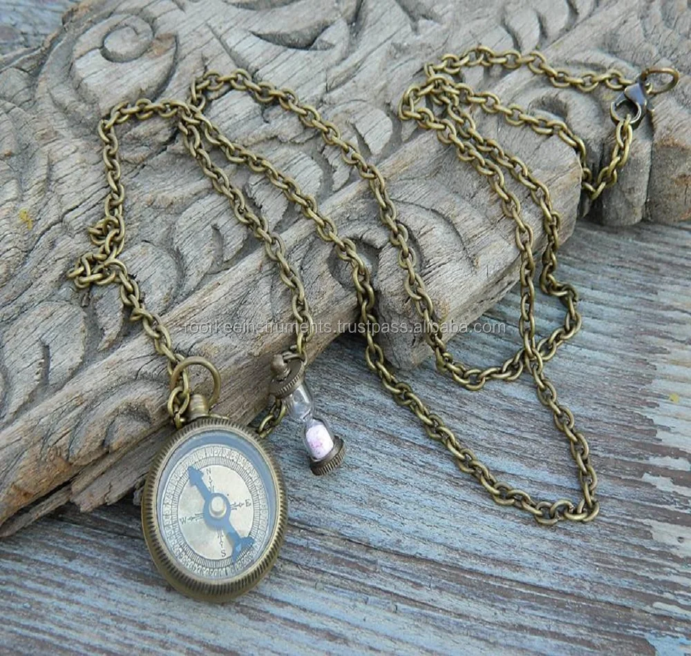 Wholesale Vintage Look Solid Brass Engraved Compass Necklace