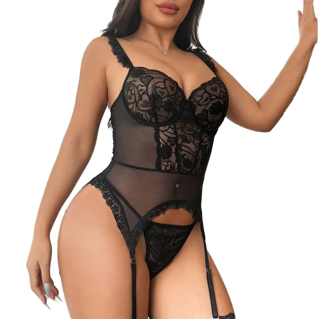 Hot Selling Black Women's Lace Lingerie Set 4pcs/Set Sexy Underwear for Valentine's Day Edition