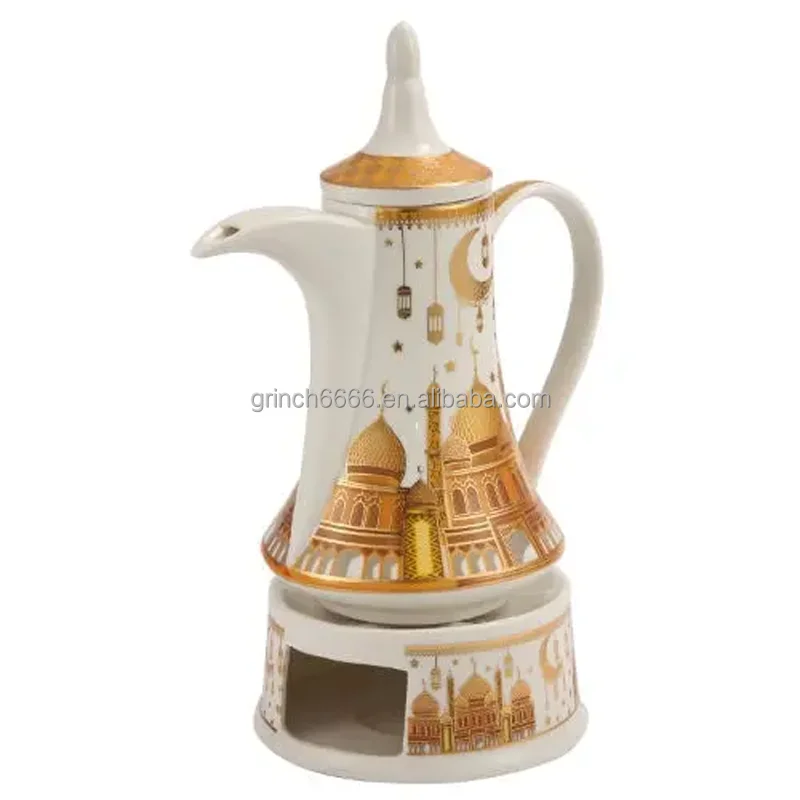 White Gold Ramadan Design Ceramic Arabic Coffee Pot With Candle Warmer