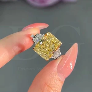 4 Carat Fancy Intense Yellow Radiant Cut Lab Diamond Engagement Ring Two Tone Yellow Diamond Three Stone Ring Unique Colo Ring