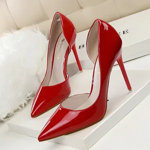 Women's Pump Simple High Thin Heel Shallow Mouth Pointed Toe Hollow Patent Leather Stiletto 8cm Office Ladies Heels for Women