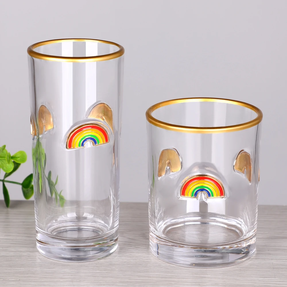 Ready to Ship Gold Rim 3D Enamel Raised Design Barware Cocktail Water Highball Drinking Glass Tumbler Cup for Gift