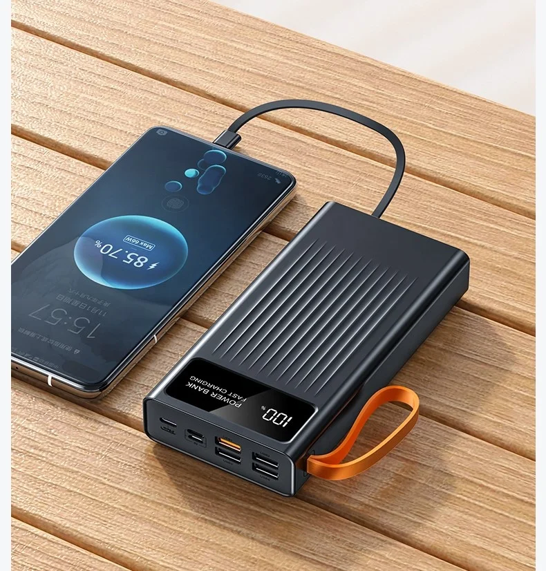 PD20W hot sales 66W Fast Charger Power Bank with LED light 30000mAh Built in Cable Power Bank