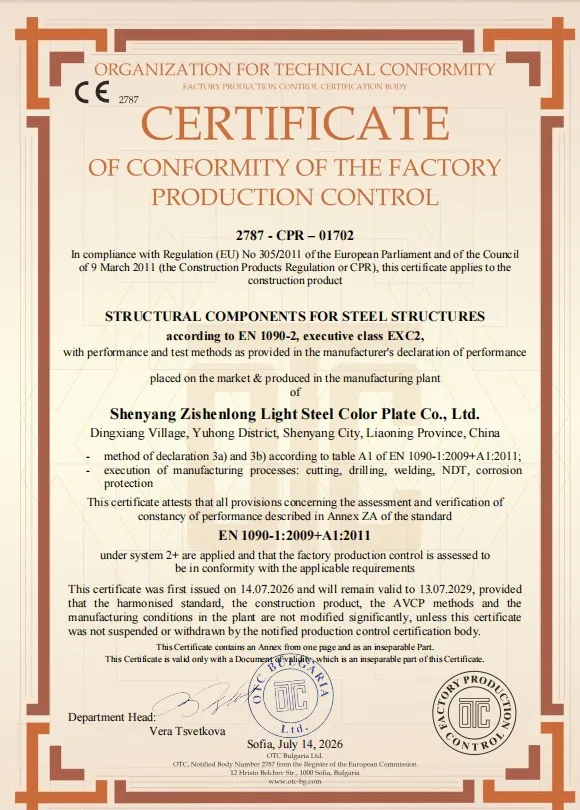 EN 1090 factory production control certificate 2787-CPR-01702