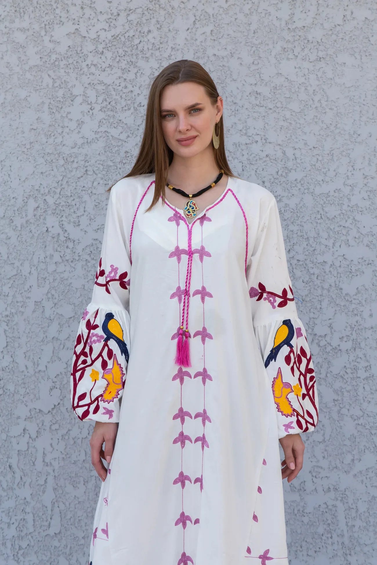Cotton  White  Maxi  Vintage  Floral Embroidery  Spring/Autumn  Robe  Long Sleeve  Casual Boho Dress