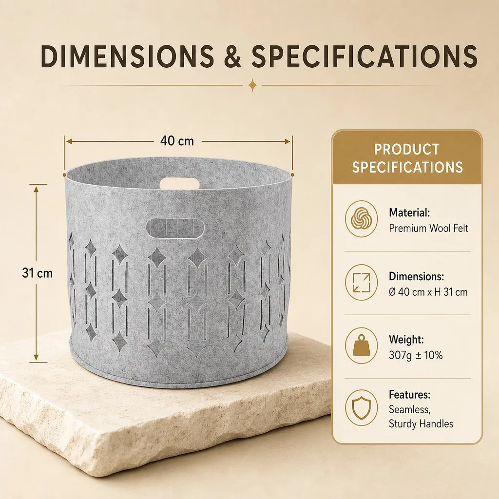 Felt storage basket product specifications and size reference chart