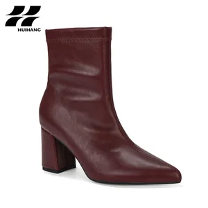 Women's Winter PU Leather Ankle-High Block-Heel Boots with Pointed Toe Slip-On Casual & Party Footwear Trendy for Fall/Winter