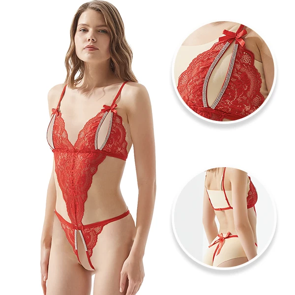 High European Quality Lace Open Crotch/gusset Bowknot And Rhinestone