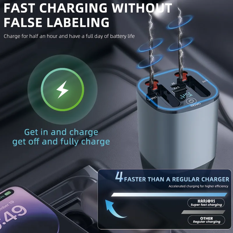 Retractable Car Charger Fast USB Car Phone 60W Double Type C Cables and 2 USB Ports Adapter