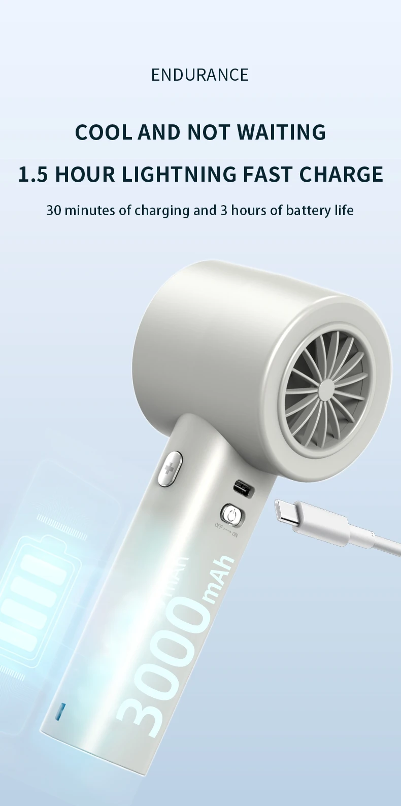 Portable Handheld Fan Speed(1100) Adjustable Turbo Mini Fan 3000mah