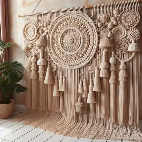 Handcrafted Macrame Wall Hanging Distinctive Home Decor Piece Featuring Sculptural Knots Patterns Wooden Boho Modern Design