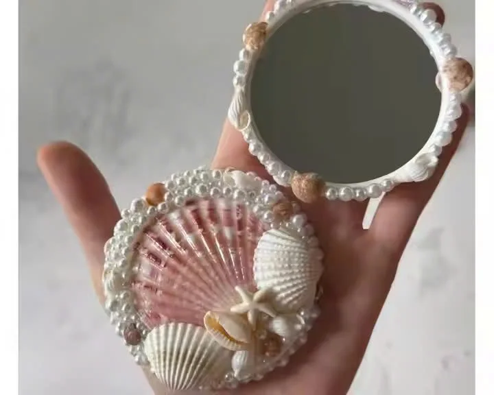 mermaid shell mirror ❤︎ シェルミラー マーメイド Handcrafted Mermaid Compact Ocean Shell Mirror with Pearls