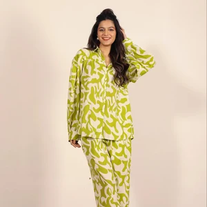 Green White 100% Cotton Abstract Oversized Long Shirt Wide Legs Pant Indo Western Co-ord Set New Eco-Friendly Natural Button