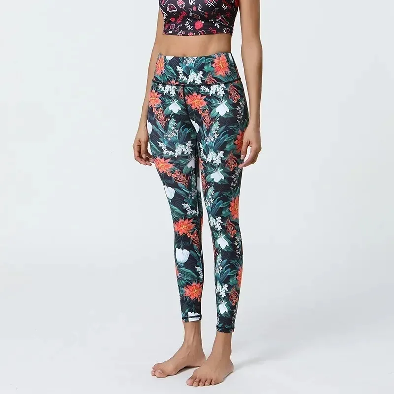 Women's High Waist Elastic Floral Printed Solid Leggings New Style