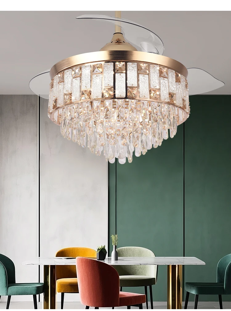 Y262 Luxury 42 Inch Ceiling Fan Light Gold Crystal Retractable Fan Light and Remote Control Invisible European LED Fan Light