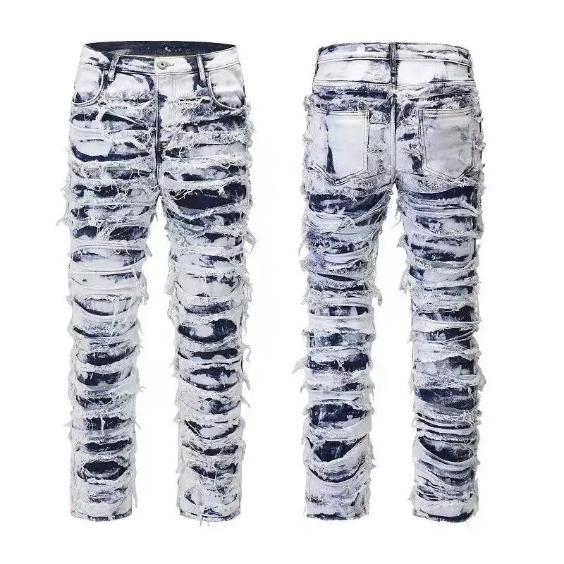 WORK OUT - Jean empilé en denim vieilli de style personnalisé pour hommes_voghion.com