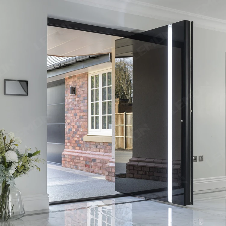LED Light Design Modern Entry Black Main  Villa Front Stainless Steel Pivot Doors With Smart Lock