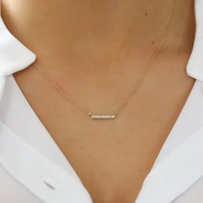 Diamond Bar Necklace 14k Yellow Solid Gold Pendant with Micro Pave