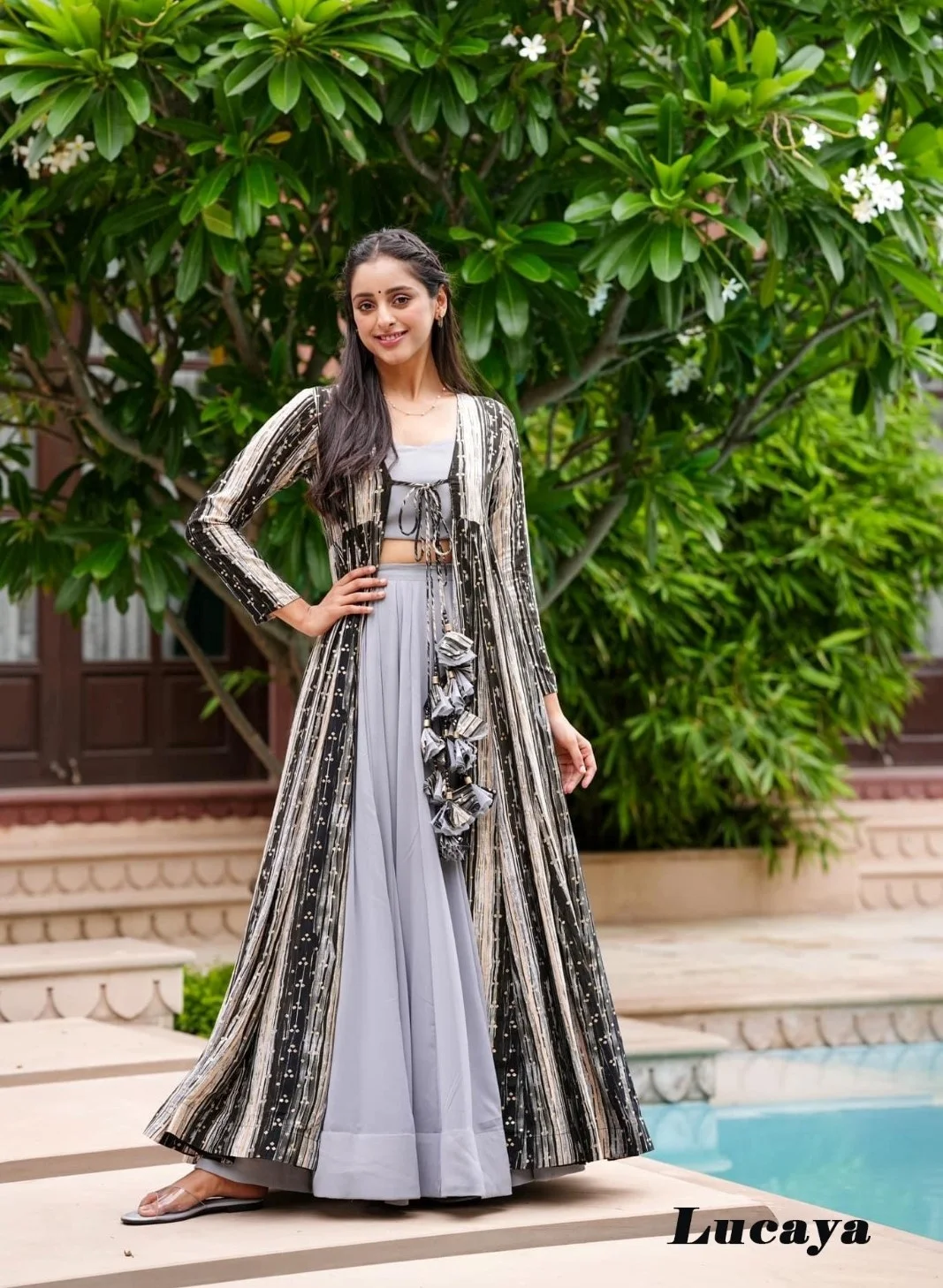 Grey Colored 3-Piece Koti Style Georgette Fabric Indo Western Suit