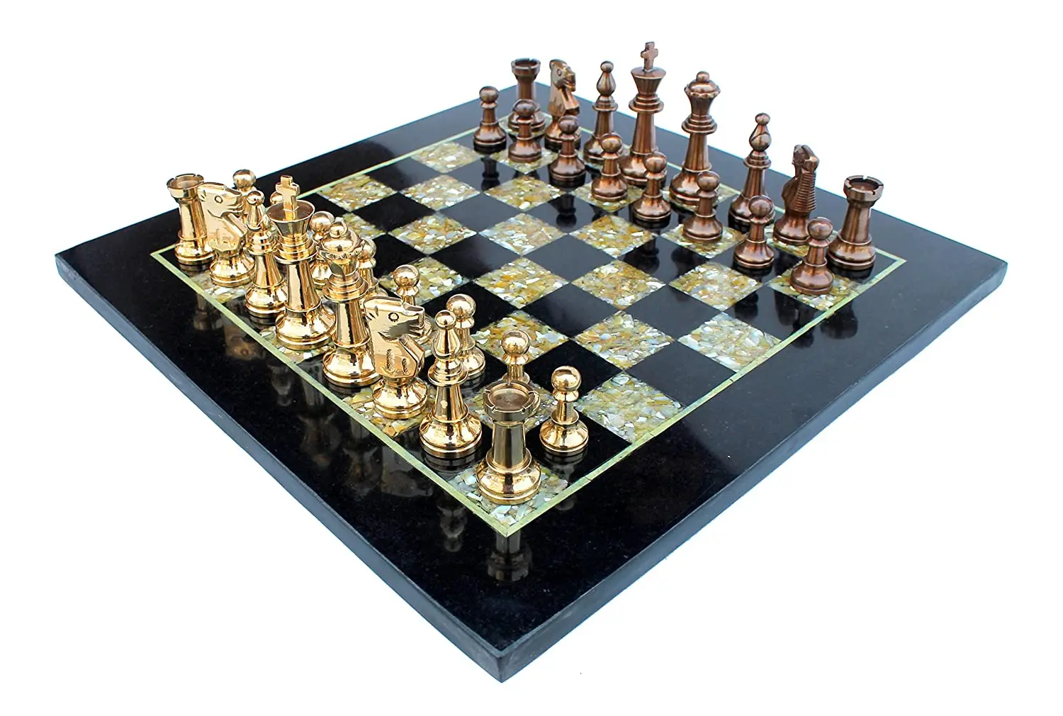 Chess Game Board Set - Made With Black Marble, & Brass Pieces (15" X 15")