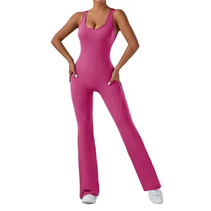 Wholesale Custom Fitness Long Flared Bodysuit Backless Yoga Jumpsuit Active One Piece Workout Jumpsuit