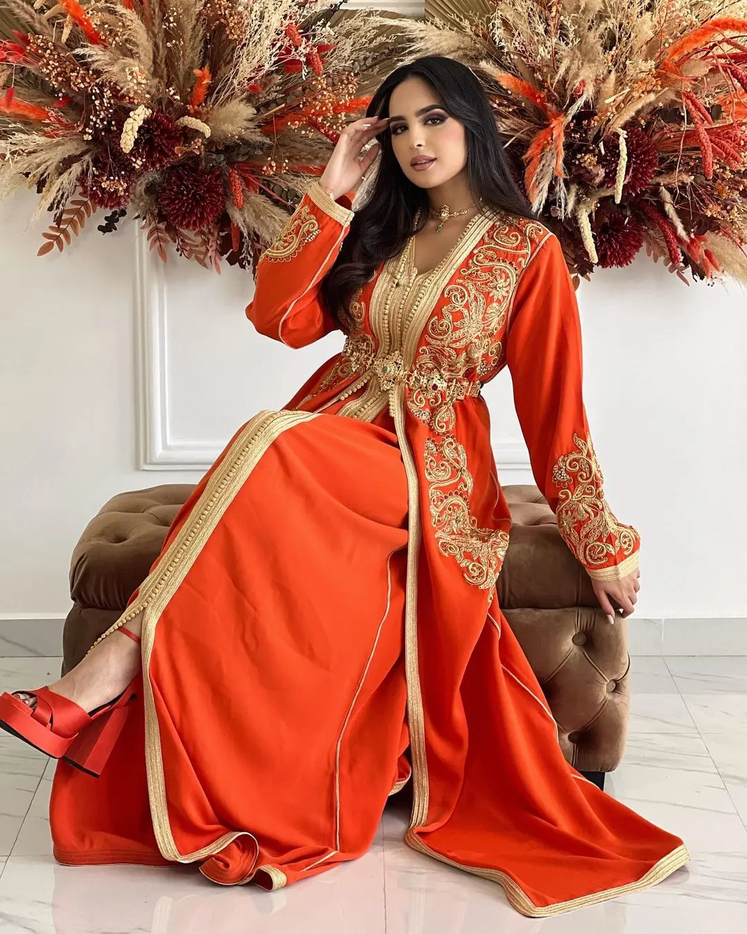 Wholesale Custom Handwork Luxury Orange Embroidered Crystal Dubai wholesale-custom-handwork-luxury-orange-embroidered-crystal-dubai