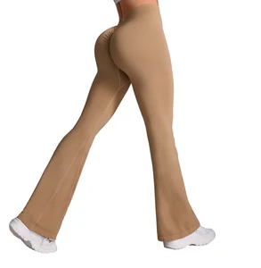 Custom High Waisted Yoga Pants Tummy Control Flared Workout Leggings With V-Shaped Scrunch Butt Lifting Seamless Spandex Nude