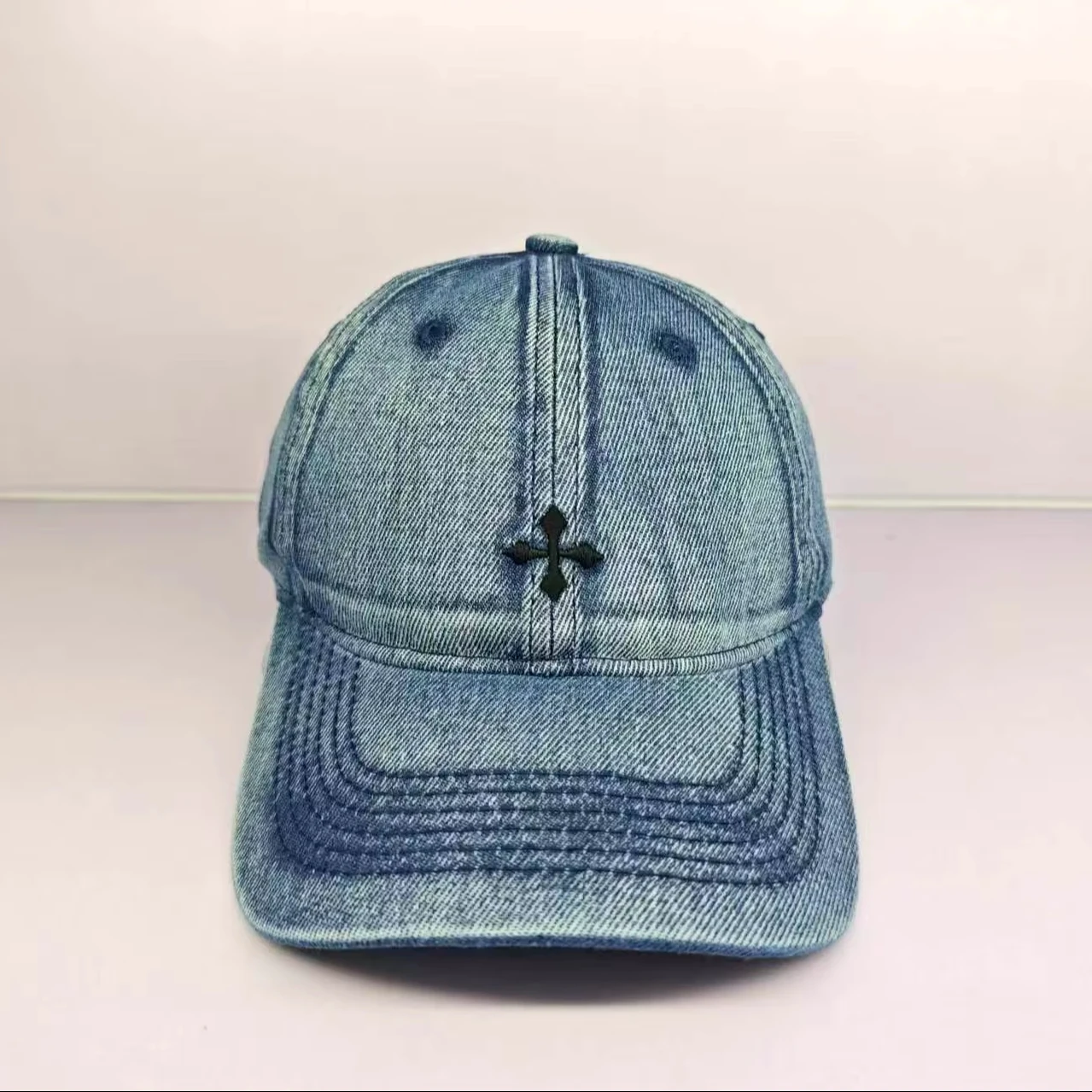 Blue Western Hat with Embroidered Cross Cross Flower Logo Embroidery Soft Cowboy Baseball Hat main image 4