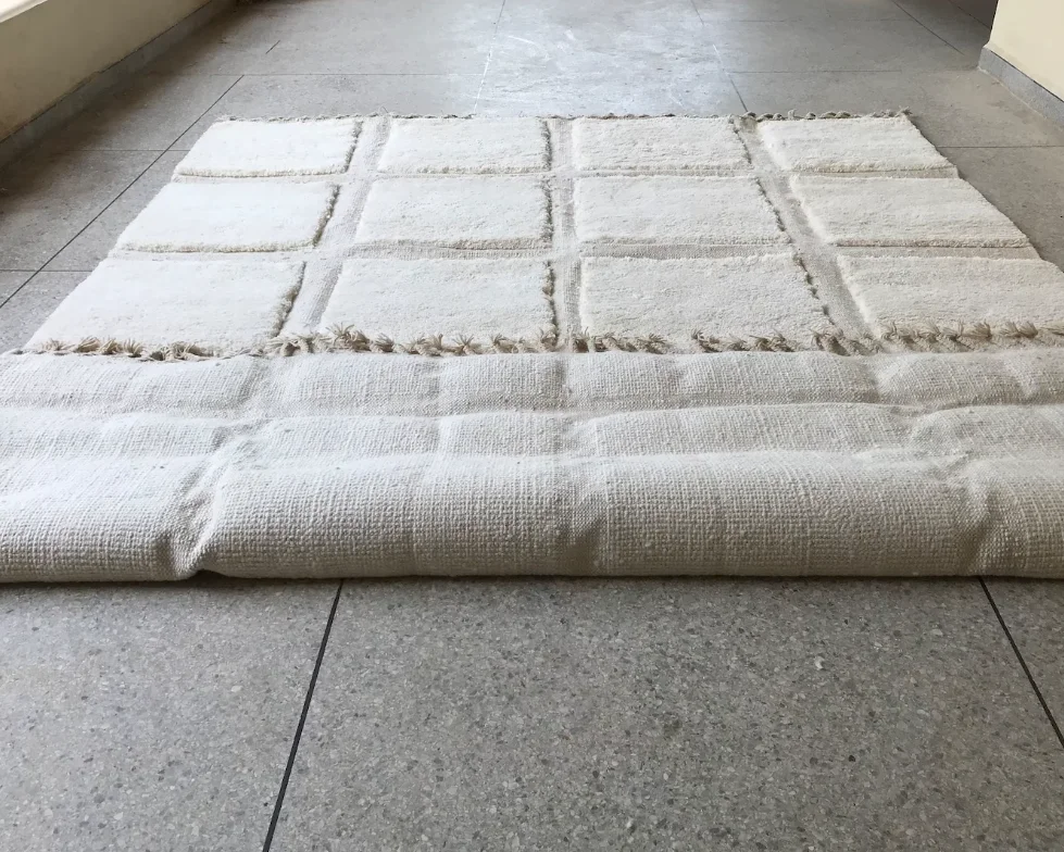 White Moroccan Checkered Rug Fluffy Beni Ourain Hand Knotted Rug Woolen