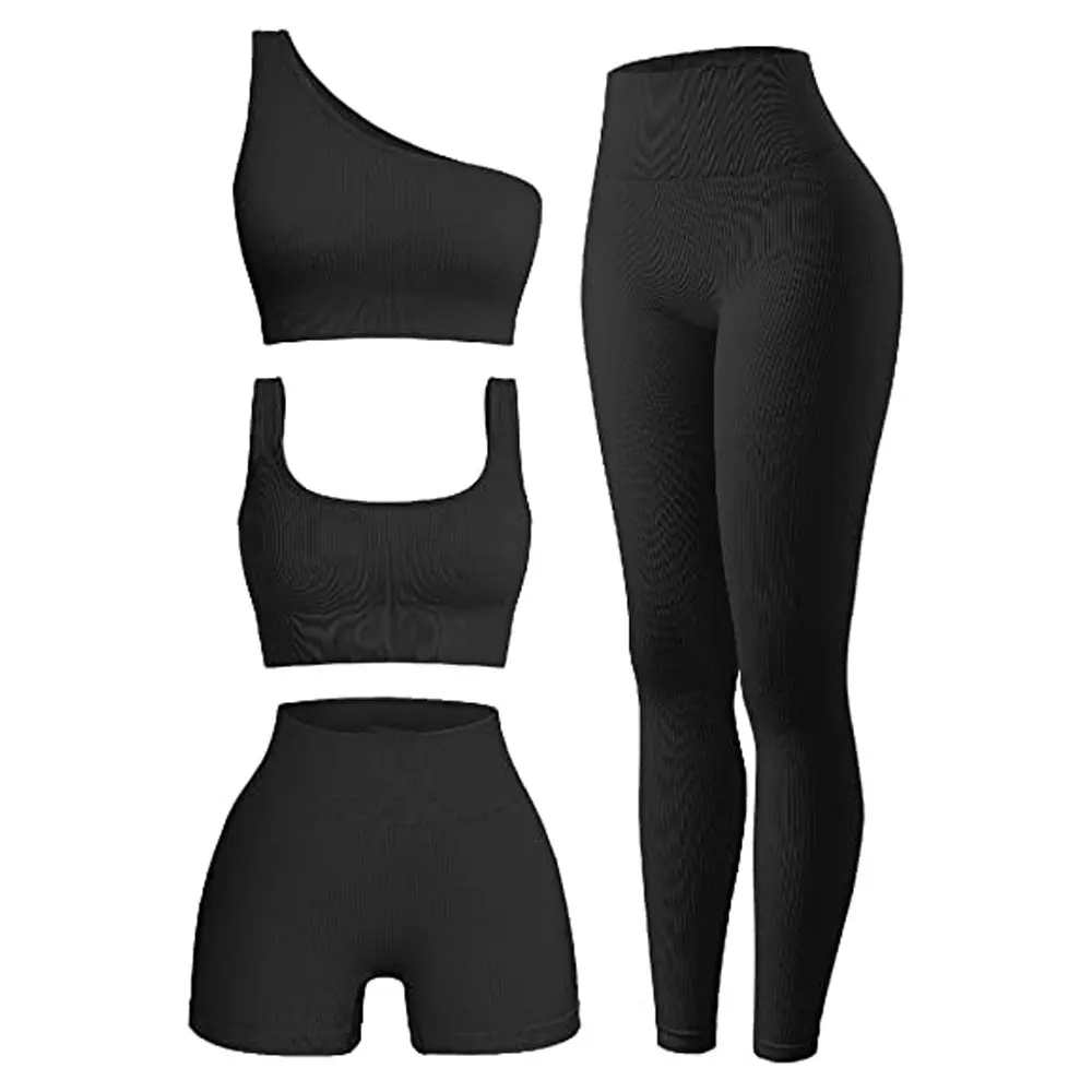 Women's 4 Piece Outfits Ribbed Exercise Scoop Neck Sports Bra One