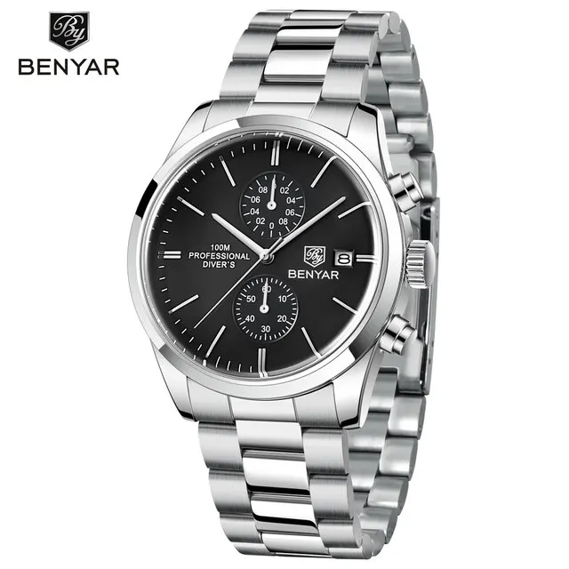 時計 automatic Benyar 5187 Men's Chronograph Watch - 100M Waterproof Leather